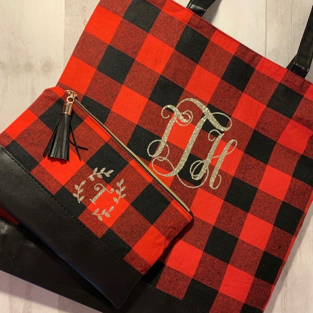 Monogram red and black check tote or purse & pouch - Picture 7 of 14